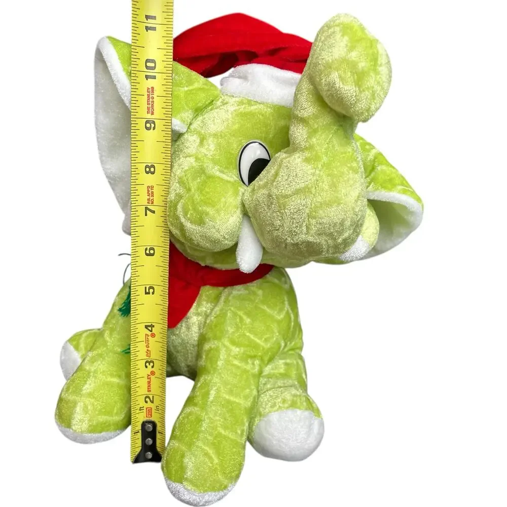 Christmas Elephant Plush Green Red Santa Hat Vintage Stuffed Animal Toy Bright